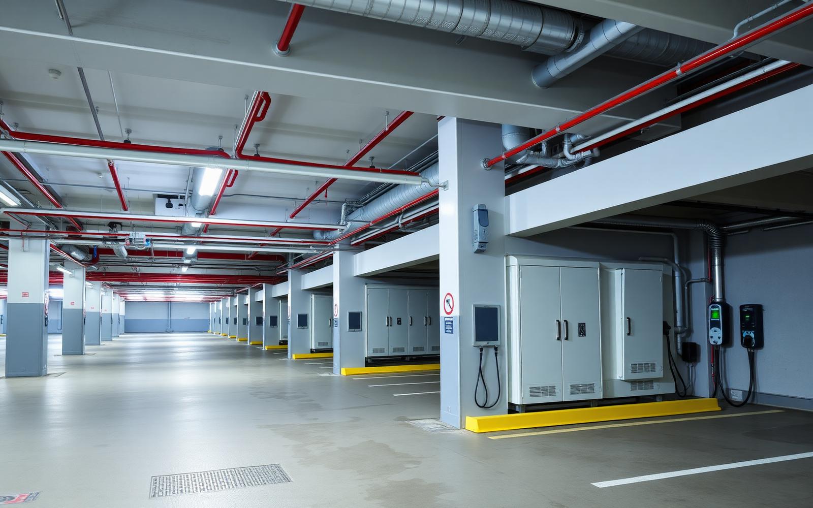 Ladeinfrastruktur und Elektroverteilungen in einer Tiefgarage